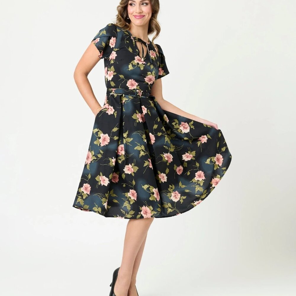 Unique Vintage Dahlia Black Pink Floral Swing Dress XL Retro Belted